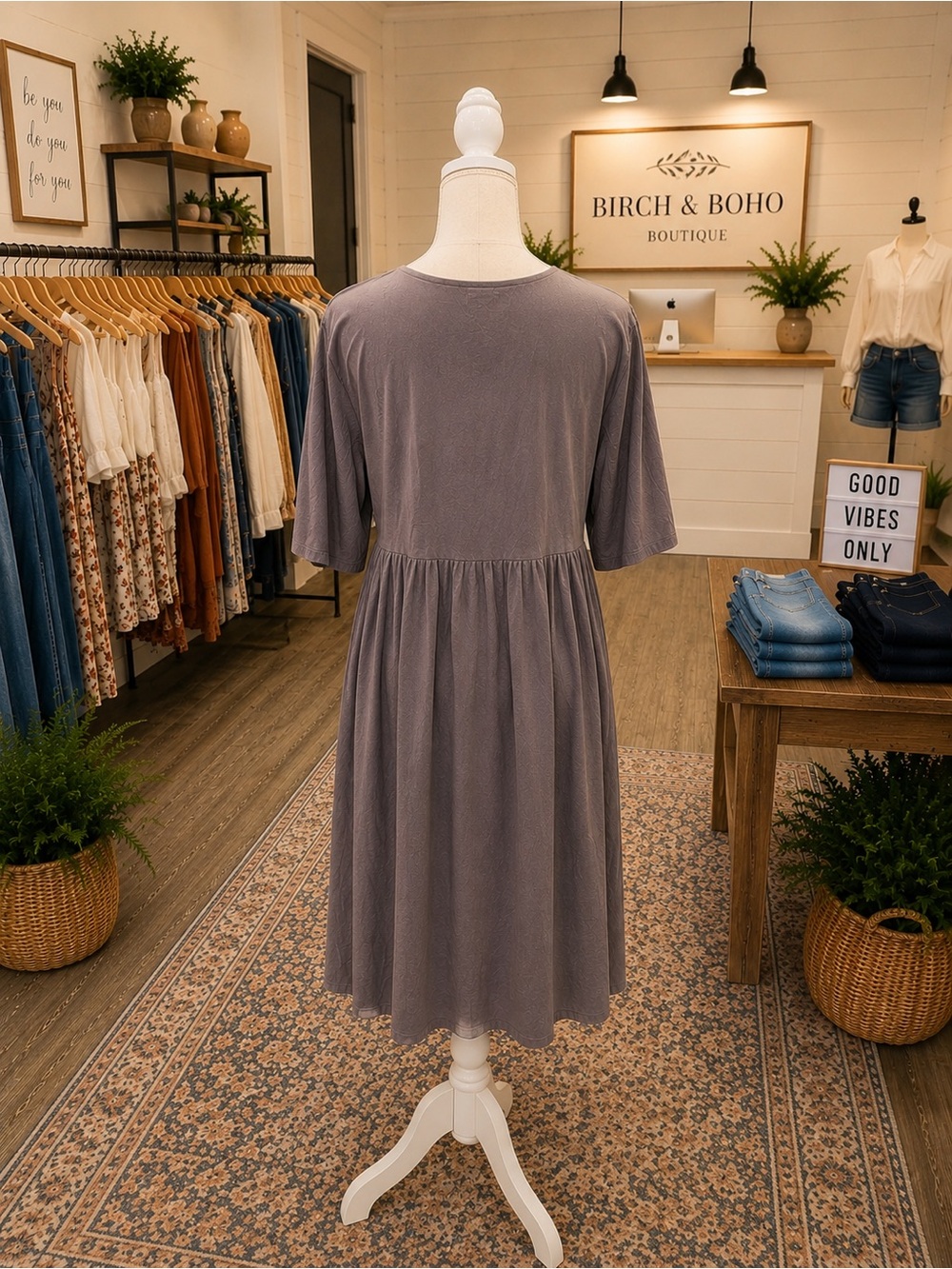 Gray Babydoll Midi Dress XL Relaxed Casual Short Sleeve - Picture 2 of 2